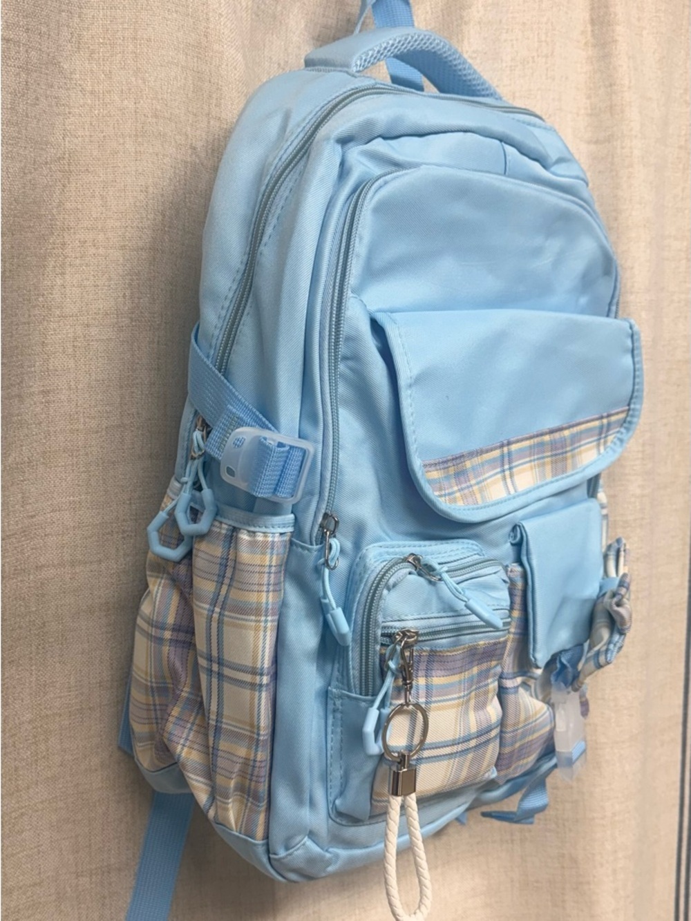 Light Blue Plaid Stitch Accent Backpack NWOT - Picture 2 of 3